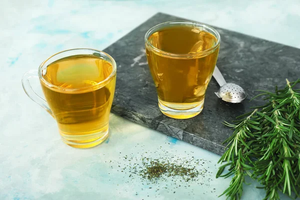 Cups Hot Tea Rosemary Color Background — Stock Photo, Image