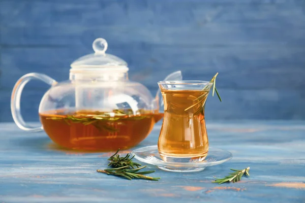 Cup Teapot Hot Tea Rosemary Table — Stock Photo, Image