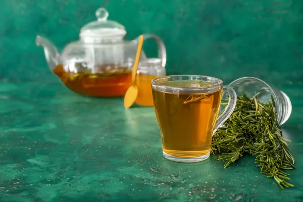 Cup Hot Tea Rosemary Color Background — Stock Photo, Image