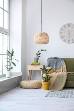 Kanepesi ve çiçekleri olan modern bir oda.