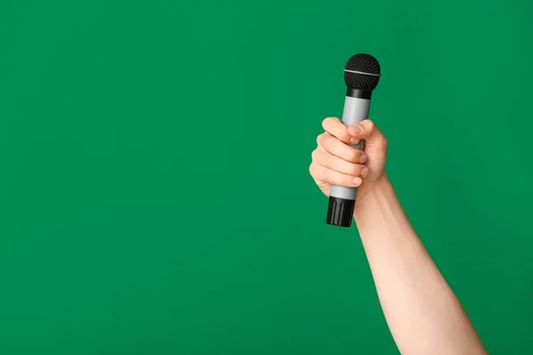 Hand Young Man Microphone Color Background — Stock Photo, Image