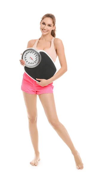 Young Woman Weight Scales White Background — Stock Photo, Image