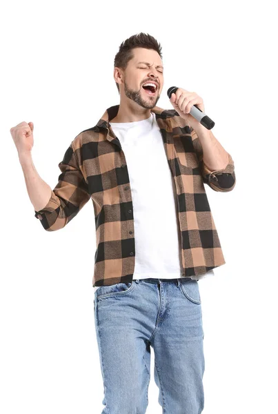 Bonito Homem Cantando Contra Fundo Branco — Fotografia de Stock