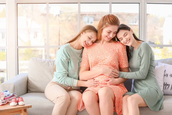 Lesbian Couple Pregnant Woman Home Surrogate Motherhood Concept — Stock Photo, Image