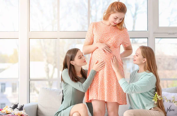 Lesbian Couple Pregnant Woman Home Surrogate Motherhood Concept — Stock Photo, Image