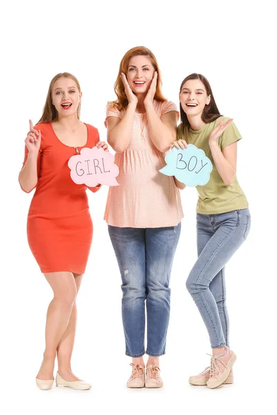 Lesbian Couple Pregnant Woman Written Words Girl Boy Papers White — Stock Photo, Image