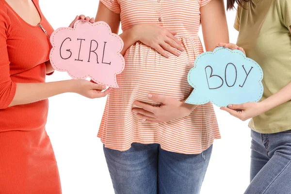Pareja Lésbica Mujer Embarazada Con Palabras Escritas Niña Niño Papeles — Foto de Stock