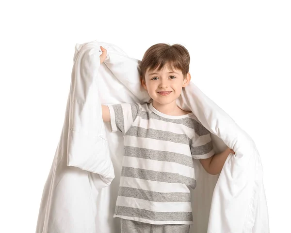 白い背景の毛布を持つ小さな男の子 — ストック写真