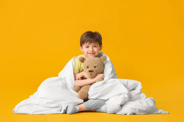 Little Boy Wrapped Blanket Toy Color Background — Stock Photo, Image