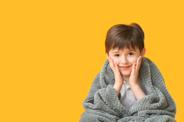 Little Boy Wrapped Plaid Color Background — Stock Photo, Image