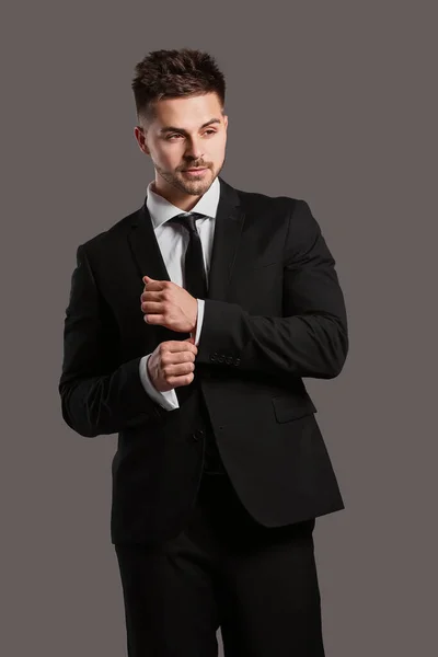 Handsome Young Man Elegant Suit Grey Background — Stock Photo, Image