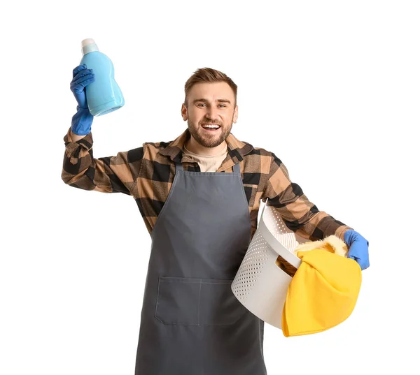Happy Man Laundry White Background — Stock Photo, Image