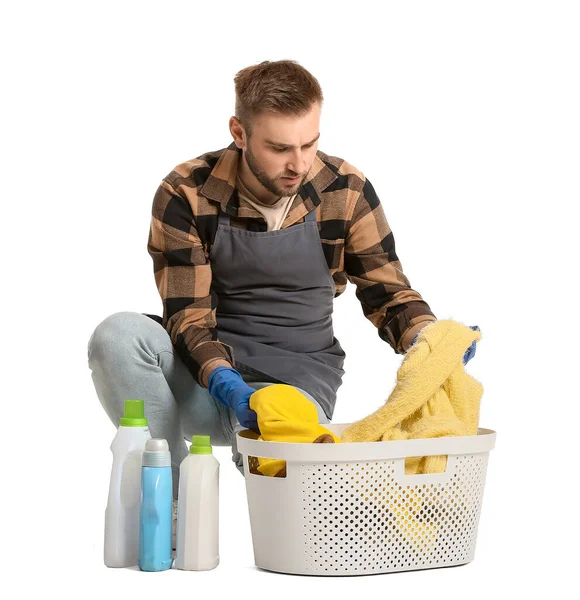 Ung Man Med Tvätt Vit Bakgrund — Stockfoto