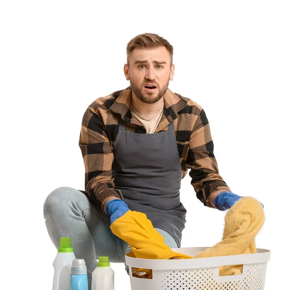 Uomo Problematico Con Lavanderia Sfondo Bianco — Foto Stock