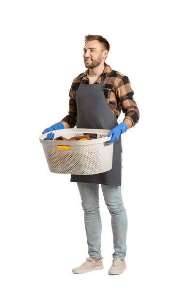 Young Man Laundry White Background — Stock Photo, Image