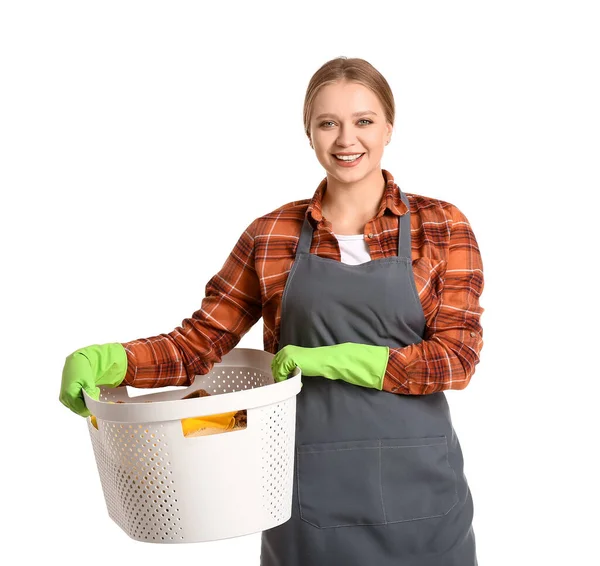 Jonge Vrouw Met Wasgoed Witte Achtergrond — Stockfoto