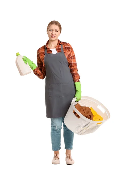 Troubled Woman Laundry White Background — Stock Photo, Image