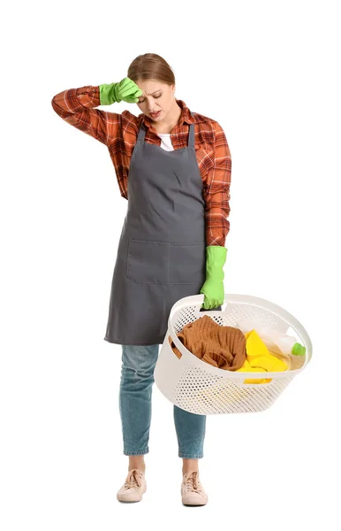 Troubled Woman Laundry White Background — Stock Photo, Image