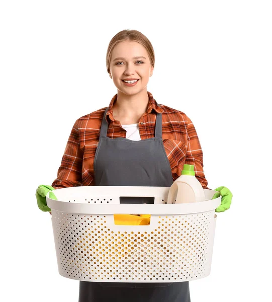 Young Woman Laundry White Background — Stock Photo, Image