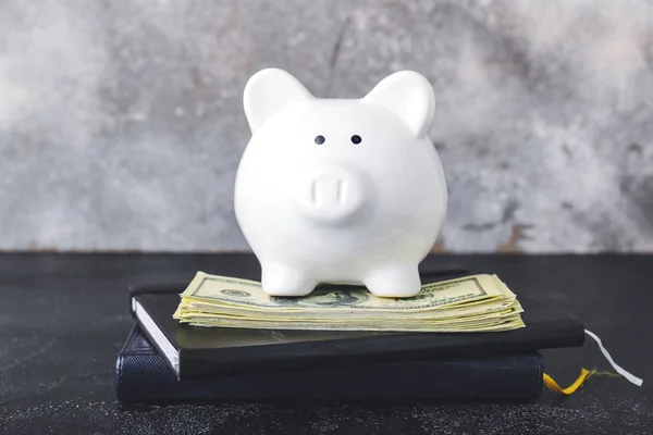 Piggy Bank Notebooks Money Table Concept Debt — Stock Photo, Image