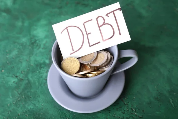 Cup Coins Paper Word Debt Table — Stock Photo, Image