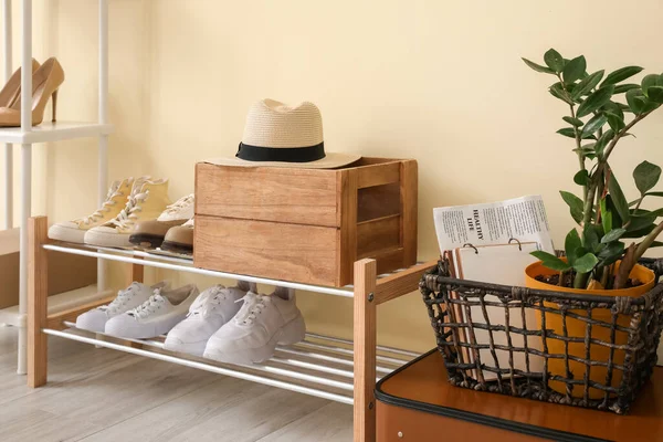 Stand Com Sapatos Elegantes Interior Salão Moderno — Fotografia de Stock