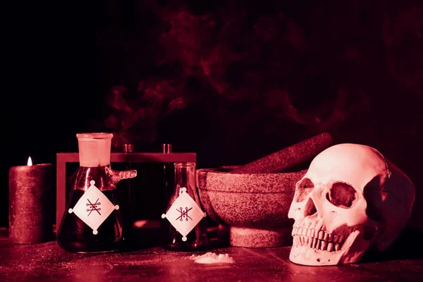 Potions Human Skull Mortar Pestle Alchemist Table — Stock Photo, Image