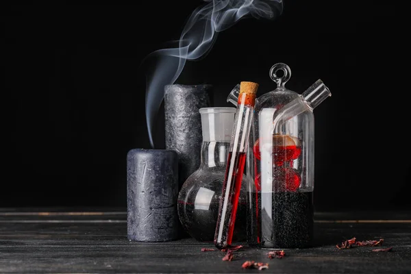 Potions Candles Alchemist Table — Stock Photo, Image