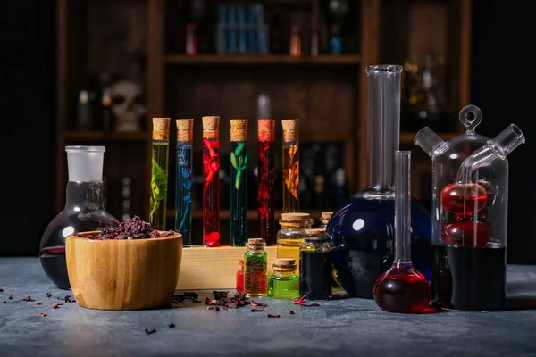 Different Potions Table Alchemist Laboratory — Stock Photo, Image