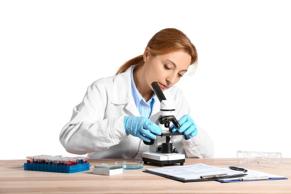 Scientist Working Microscope White Background — Stock Photo, Image