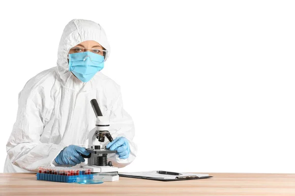 Scientist Working Microscope White Background — Stock Photo, Image
