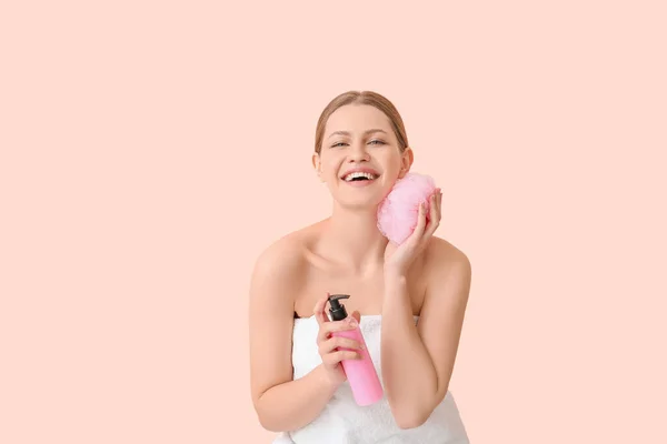 Beautiful Young Woman Shower Gel Color Background — Stock Photo, Image
