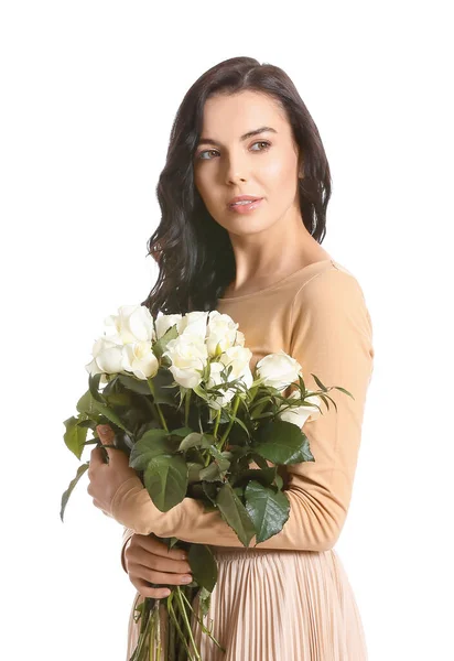 Mulher Bonita Com Buquê Rosas Fundo Branco — Fotografia de Stock