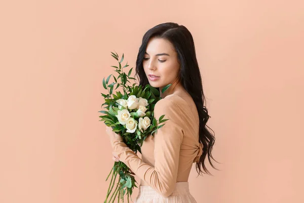 Beautiful Young Woman Bouquet Roses Color Background — Stock Photo, Image