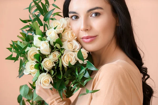 Beautiful Young Woman Bouquet Roses Color Background — Stock Photo, Image