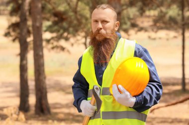 Ormanda baltası olan yakışıklı bir oduncu.