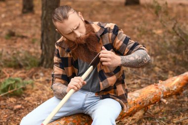 Yakışıklı oduncu ormandaki ağaçları kesiyor.