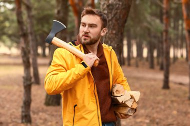 Ormanda baltası olan yakışıklı bir oduncu.