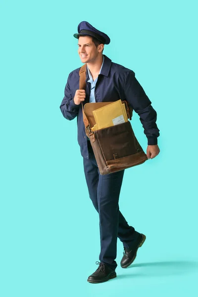 Handsome Young Postman Color Background — Stock Photo, Image