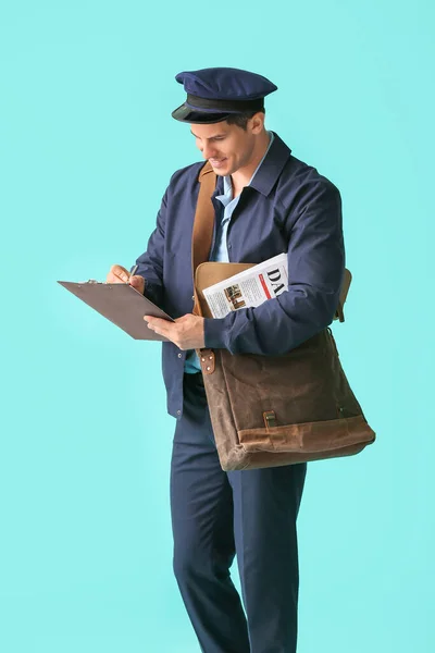 Handsome Young Postman Color Background — Stock Photo, Image