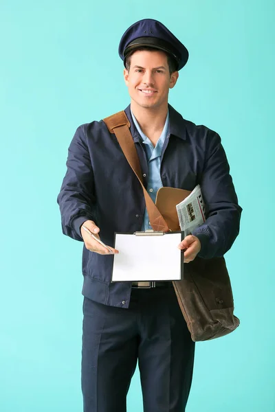 Handsome Young Postman Color Background — Stock Photo, Image