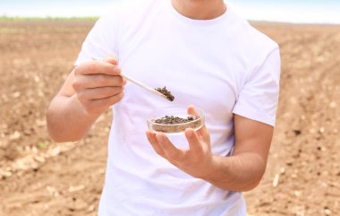 Tarlada toprak numunesiyle tarımcı.
