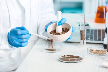 Bilimadamı laboratuvarda toprak örneklerini inceliyor