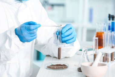 Bilimadamı laboratuvarda toprak örneklerini inceliyor