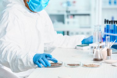 Bilimadamı laboratuvarda toprak örneklerini inceliyor