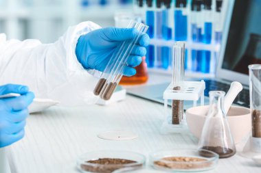 Bilimadamı laboratuvarda toprak örneklerini inceliyor