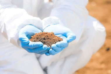 Sahada toprak numunesi olan bilim adamı, yakın plan.