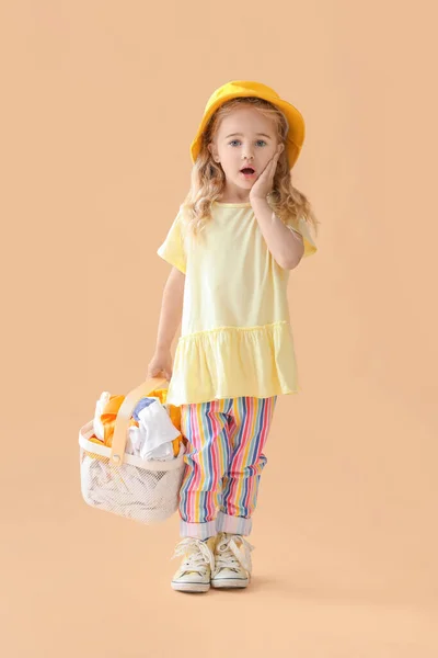 Cute Little Girl Dirty Laundry Color Background — Stock Photo, Image
