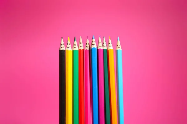 Colorful Pencils Drawn Faces Pink Background Unity Concept — Stock Photo, Image
