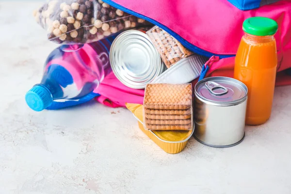 Schoolbag Different Products Light Background Concept Backpack Food Program — Stock Photo, Image